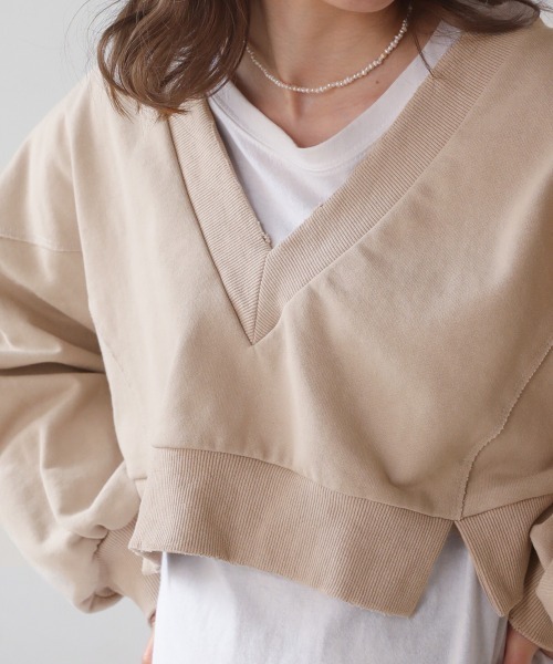 Bab（バブ）の「深Vネックショート丈スウェット（スウェット・レディース・ベージュ/ピンク/ライトグリーン・FREE）」の17枚目の写真