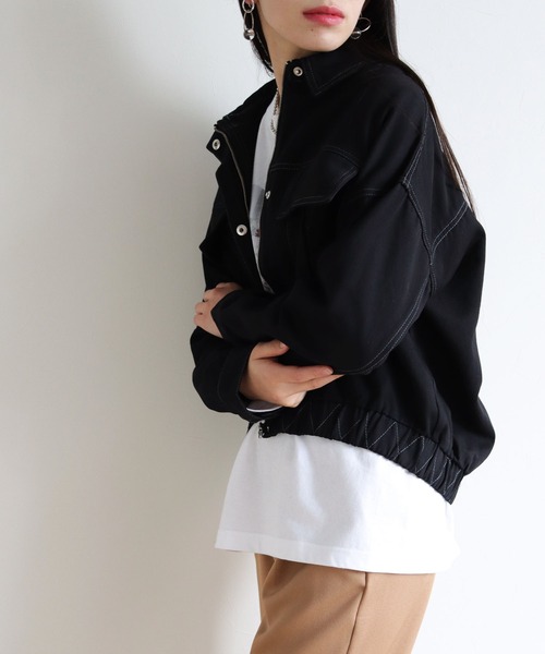 vingtrois（バントロア）の「【Vingtrois】カラーステッチワークデザインショート丈ブルゾン（ブルゾン・レディース・ブラック/ベージュ/カーキ/アイボリー・M）」の5枚目の写真