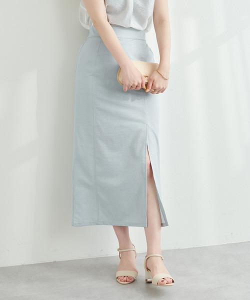natural couture（ナチュラルクチュール）の「長さ変えれる綿麻スリットナロースカート（スカート・レディース・ベージュ/ライトベージュ/ネイビー/サックスブルー・FREE）」の4枚目の写真