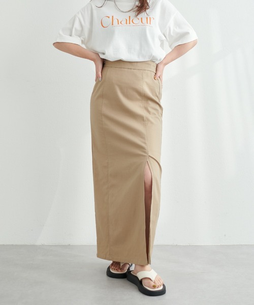 natural couture（ナチュラルクチュール）の「長さ変えれる綿麻スリットナロースカート（スカート・レディース・ベージュ/ライトベージュ/ネイビー/サックスブルー・FREE）」の6枚目の写真