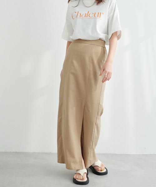 natural couture（ナチュラルクチュール）の「長さ変えれる綿麻スリットナロースカート（スカート・レディース・ベージュ/ライトベージュ/ネイビー/サックスブルー・FREE）」の8枚目の写真
