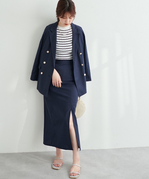 natural couture（ナチュラルクチュール）の「長さ変えれる綿麻スリットナロースカート（スカート・レディース・ベージュ/ライトベージュ/ネイビー/サックスブルー・FREE）」の14枚目の写真