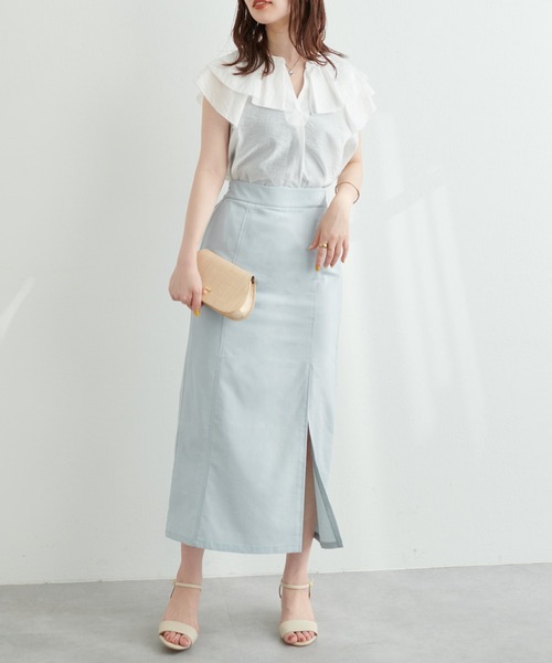natural couture（ナチュラルクチュール）の「長さ変えれる綿麻スリットナロースカート（スカート・レディース・ベージュ/ライトベージュ/ネイビー/サックスブルー・FREE）」の16枚目の写真