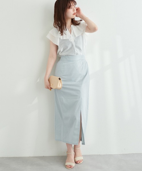 natural couture（ナチュラルクチュール）の「長さ変えれる綿麻スリットナロースカート（スカート・レディース・ベージュ/ライトベージュ/ネイビー/サックスブルー・FREE）」の17枚目の写真