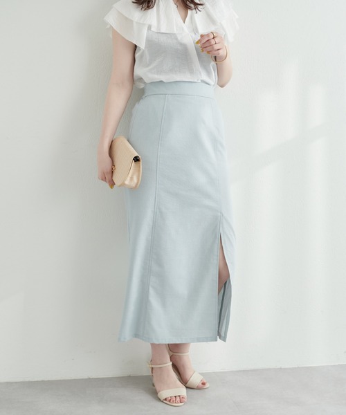 natural couture（ナチュラルクチュール）の「長さ変えれる綿麻スリットナロースカート（スカート・レディース・ベージュ/ライトベージュ/ネイビー/サックスブルー・FREE）」の15枚目の写真