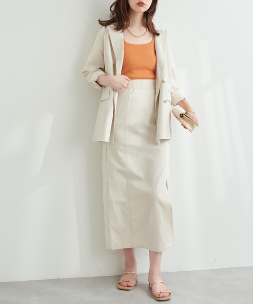 natural couture（ナチュラルクチュール）の「長さ変えれる綿麻スリットナロースカート（スカート・レディース・ベージュ/ライトベージュ/ネイビー/サックスブルー・FREE）」の10枚目の写真