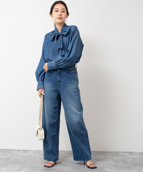 【新品】Rie Miller デニムリボンタイブラウス 【F】Oggi掲載 Rie Miller（リエミラー）の「デニムリボンタイブラウス（シャツ