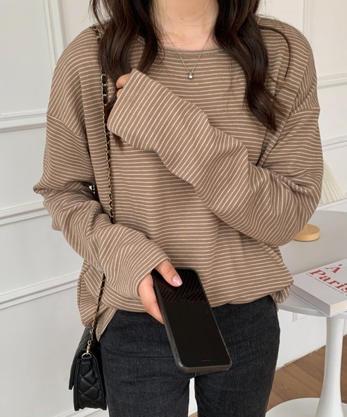 ABITOKYO(アビトーキョー)の「ハーフボーダーリンガーロングTシャツ(Tシャツ/カットソー・レディース・ホワイト/ブラック/ベージュ・M/L)」の2枚目の写真