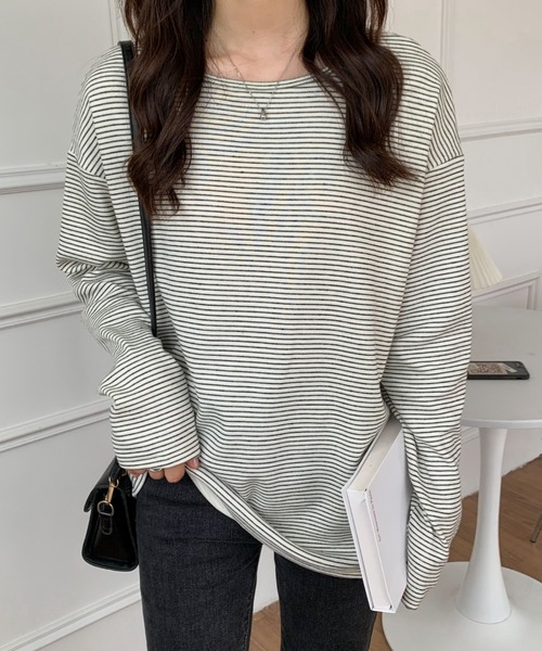 ABITOKYO(アビトーキョー)の「ハーフボーダーリンガーロングTシャツ(Tシャツ/カットソー・レディース・ホワイト/ブラック/ベージュ・M/L)」の14枚目の写真