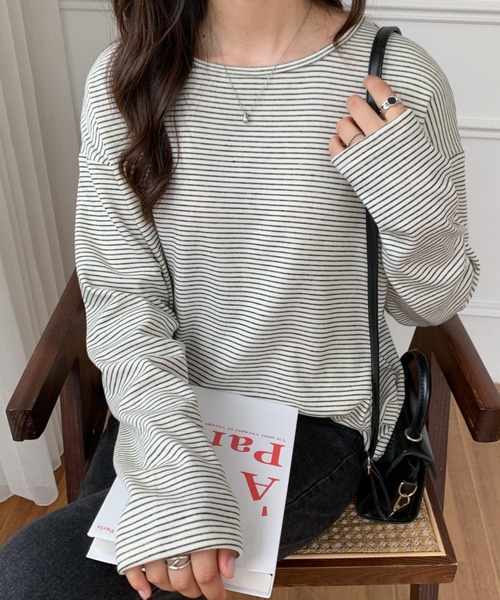 ABITOKYO(アビトーキョー)の「ハーフボーダーリンガーロングTシャツ(Tシャツ/カットソー・レディース・ホワイト/ブラック/ベージュ・M/L)」の15枚目の写真