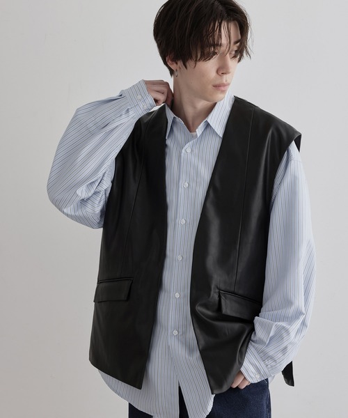 JUNRED(ジュンレッド)の「フェイクレザータックジャケットベスト(ベスト・メンズ・ブラック・S/L/M)」の8枚目の写真