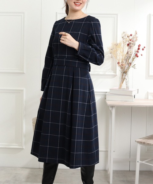 couture brooch（クチュールブローチ）の「◆先染め起毛 チェックタックデザインワンピース（ワンピース・レディース・ネイビー系1/ブラウン系2・38/40）」の2枚目の写真