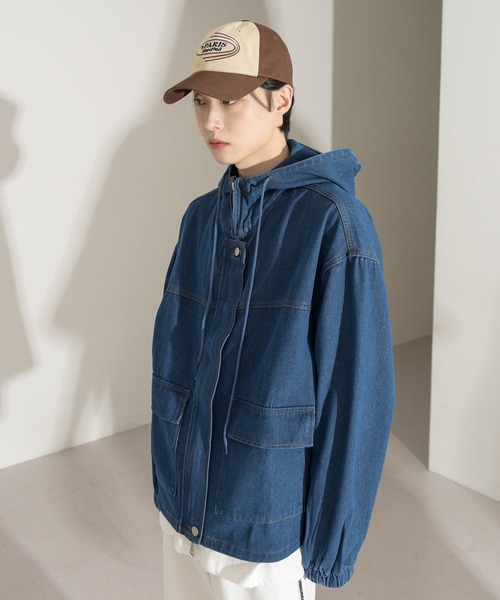 【UNISEX】フード付きオーバーサイズポケットデニムジャンパー