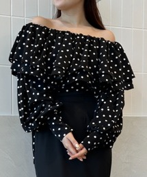 ダブルフリルドットオフショルダーブラウス