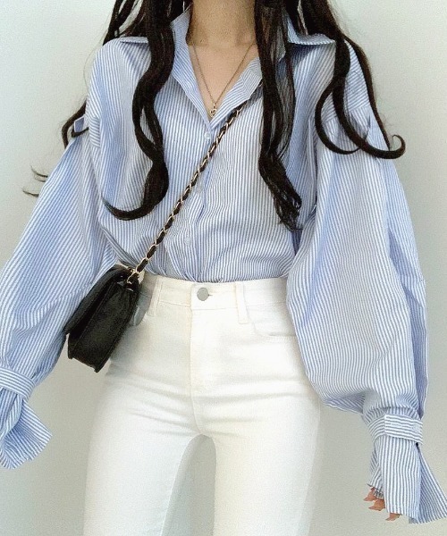 SHEENA（シーナ）の「ストライプキャンディスリーブブラウス（シャツ/ブラウス・レディース・サックスブルー/ブラック・M）」の13枚目の写真