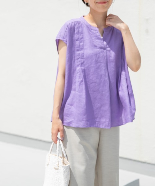 URBAN RESEARCH - 秋くすみパープルグレー×白♪アーバンリサーチストライプスキッパードルマンブラウ URBAN RESEARCH DOORS（アーバンリサーチドアーズ）の「リネン
