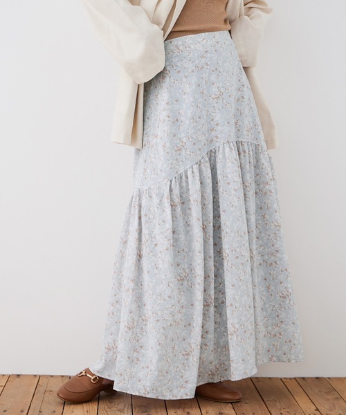 Fashion Letter(ファッションレター)の「フラワープリント 切替フレアスカート(スカート・レディース・サックスブルー/ブラック・M)」の2枚目の写真