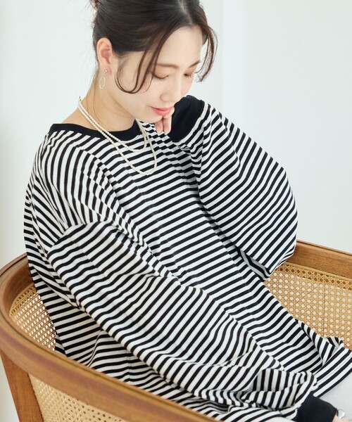 FREAK'S STORE（フリークスストア）の「限定展開　ビッグシルエット カラーボーダー ロングスリーブTシャツ（Tシャツ/カットソー・レディース・ブルー/レッド/グリーン/ピンク/ベージュ/パープル/ブラック・ﾌﾘ-）」の9枚目の写真