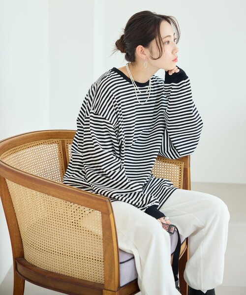 FREAK'S STORE（フリークスストア）の「限定展開　ビッグシルエット カラーボーダー ロングスリーブTシャツ（Tシャツ/カットソー・レディース・ブルー/レッド/グリーン/ピンク/ベージュ/パープル/ブラック・ﾌﾘ-）」の10枚目の写真