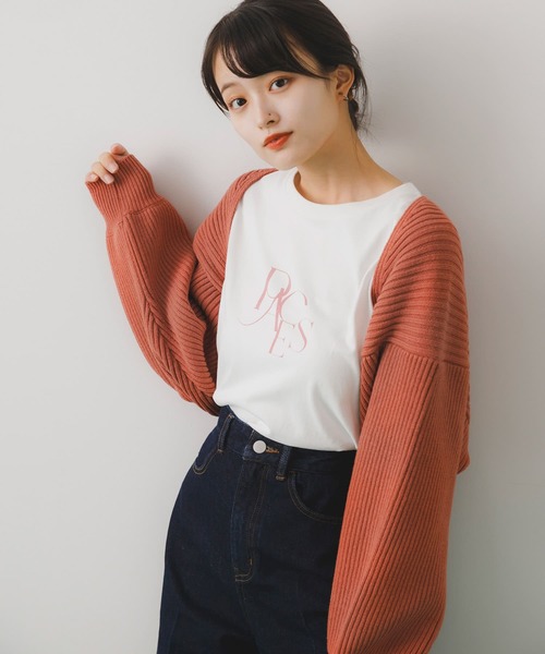 HEYUMM(ヘユム)の「リブニットボレロ(カーディガン/ボレロ・レディース・オレンジ/アイボリー/グレー・ONE)」の1枚目の写真