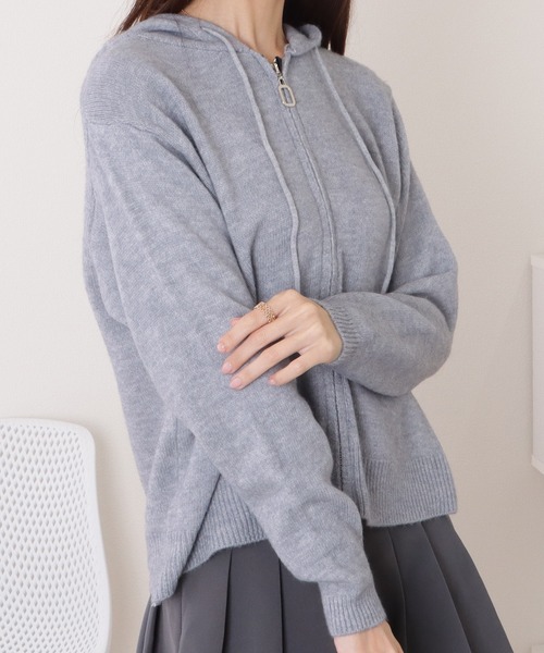 N♡プロフ必読◆リナシメント◆カシミヤ混ウール！グレー”パーカーニット セール】ボリュームファーフードジップアップニットパーカー（パーカー