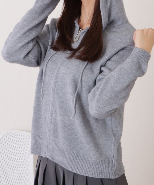 セール】フード付コンパクトゆるニットジップパーカー（ニット