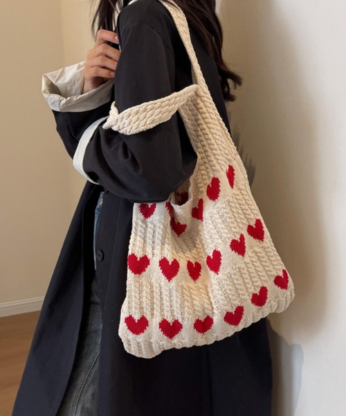 LA VORAGINE(ラ ヴォラジネ)の「ハート柄ニットトートバッグ エコバッグ/サブバッグ(トートバッグ・レディース・グリーン/モカ/ブルー/アイボリー/ベージュ・FREE)」の17枚目の写真