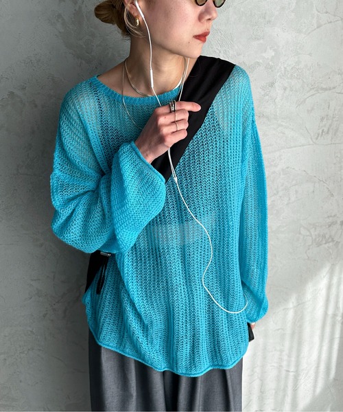 セール】【ハンドウォッシャブル】メッシュオーバーカラーニット