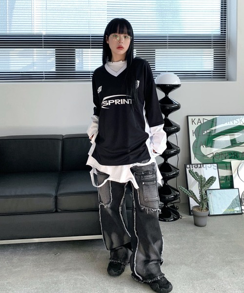 FOLLOWIN（フォロウィン）の「[UNISEX][ストリートスタイル]メッシュ配色レタリンググラフィックワイドプリント半袖Tシャツ（Tシャツ/カットソー・レディース・ブラック/アイボリー/ライトグリーン・FREE）」の18枚目の写真