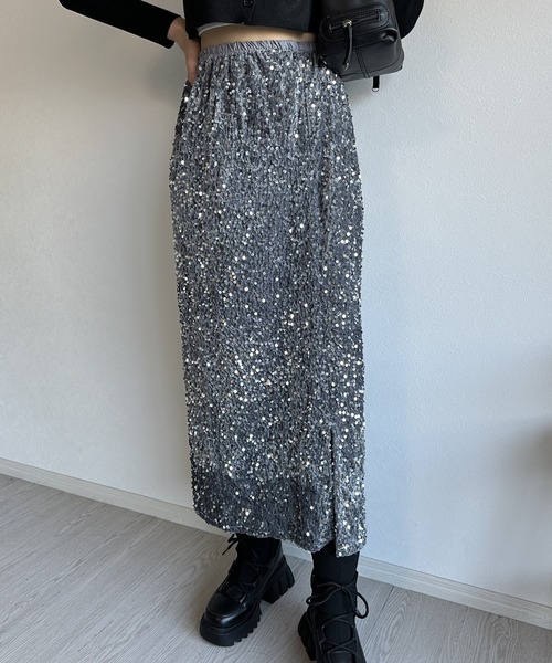◆PRADA◆ スパンコール ミディスカート パールグレー スパンコール付 ミディスカート | PRADA