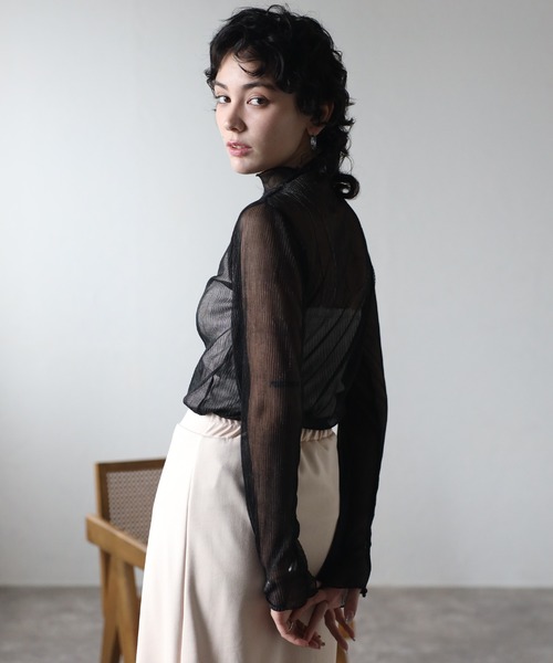 amini（アミニ）の「【2024 S/S 新作】ラメシアートップス（Tシャツ/カットソー・レディース・ベージュ/サックスブルー/ブラック・MEDIUM）」の5枚目の写真