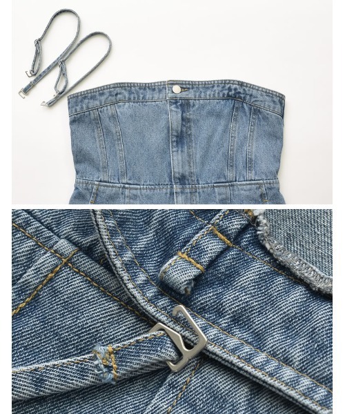 Re:EDIT（リエディ）の「[低身長/高身長サイズ有][着痩せ＆脚長効果]コットンデニムベアオールインワン（つなぎ/オールインワン・レディース・ブルー/ネイビー/ブルー系その他・SHORT/MEDIUM/LARGE/TALL）」の12枚目の写真