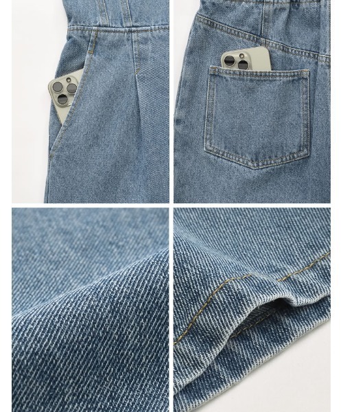 Re:EDIT（リエディ）の「[低身長/高身長サイズ有][着痩せ＆脚長効果]コットンデニムベアオールインワン（つなぎ/オールインワン・レディース・ブルー/ネイビー/ブルー系その他・SHORT/MEDIUM/LARGE/TALL）」の7枚目の写真