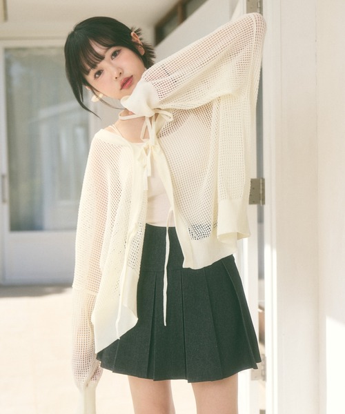 Ada.(エイダ)の「<Peachyyouth × Ada.>メッシュ リボンデザイン ルーズ カーディガン(カーディガン/ボレロ・レディース・ブラック/ホワイト/ライトグレー・FREE)」の2枚目の写真