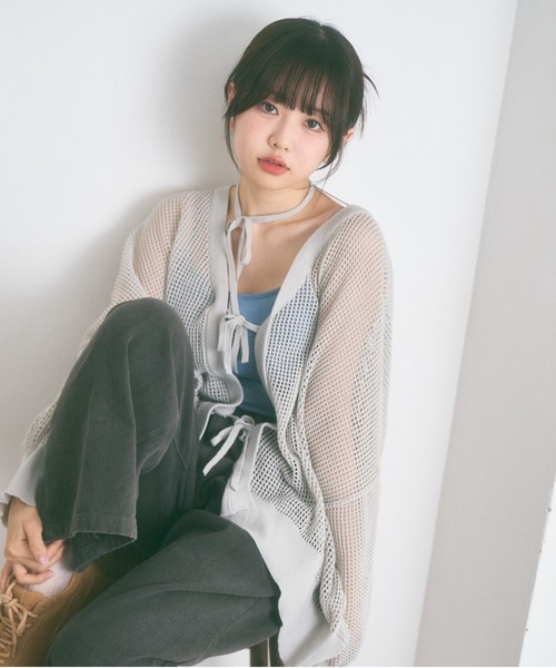 Ada.(エイダ)の「<Peachyyouth × Ada.>メッシュ リボンデザイン ルーズ カーディガン(カーディガン/ボレロ・レディース・ブラック/ホワイト/ライトグレー・FREE)」の1枚目の写真