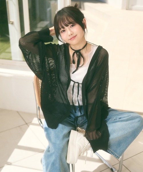 Ada.(エイダ)の「<Peachyyouth × Ada.>メッシュ リボンデザイン ルーズ カーディガン(カーディガン/ボレロ・レディース・ブラック/ホワイト/ライトグレー・FREE)」の4枚目の写真