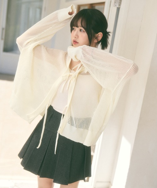 Ada.(エイダ)の「<Peachyyouth × Ada.>メッシュ リボンデザイン ルーズ カーディガン(カーディガン/ボレロ・レディース・ブラック/ホワイト/ライトグレー・FREE)」の7枚目の写真