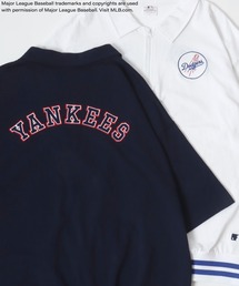MLB/メジャーリーグベースボール チームロゴ バックワッペン刺繍 ハーフジップ オーバーサイズ 半袖ポロTシャツ レディース メンズ