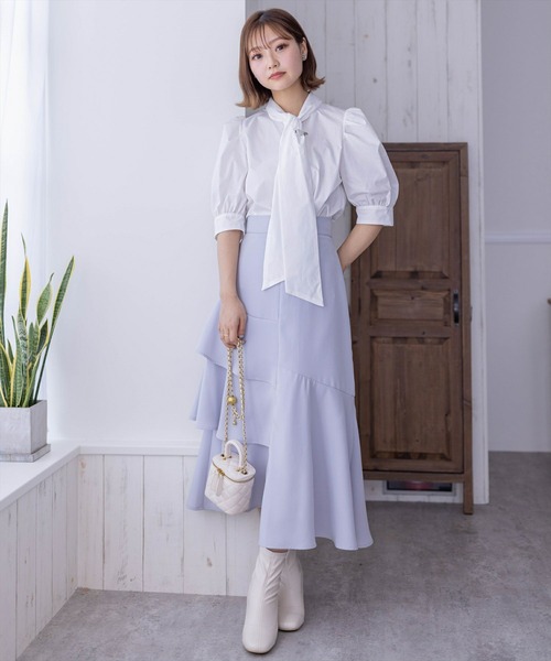 clear(クリア)の「ハートビジューボタンパフスリーブボウタイ五分袖ブラウス(シャツ/ブラウス・レディース・オフホワイト/ブラック/サックスブルー・F)」の18枚目の写真