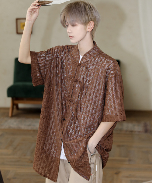 【セール】【neos】ルーズシルエット バロック メッシュ シアー レース ノーカラー ハーフスリーブ チャイナ シャツ（シャツ/ブラウス）｜neos（ネオス）