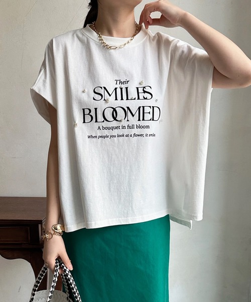DouDou(ドゥドゥ)の「フロッキープリントロゴパールTEE(Tシャツ/カットソー・レディース・ピンク/グレイッシュベージュ/オフホワイト/チャコールグレー・FREE)」の10枚目の写真