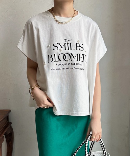 DouDou(ドゥドゥ)の「フロッキープリントロゴパールTEE(Tシャツ/カットソー・レディース・ピンク/グレイッシュベージュ/オフホワイト/チャコールグレー・FREE)」の12枚目の写真