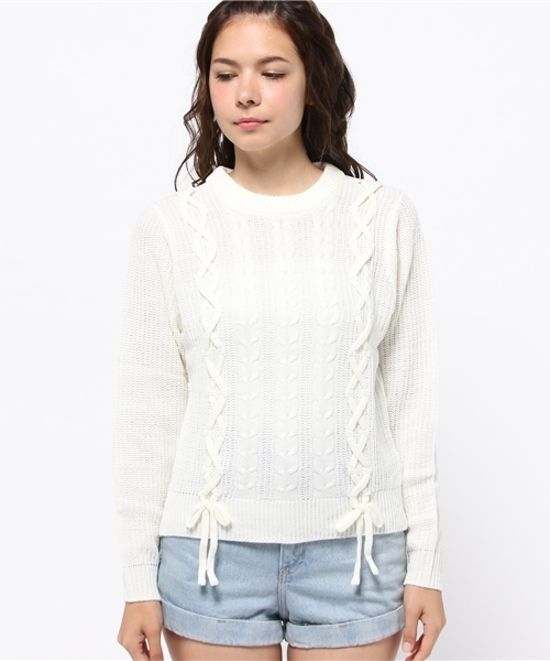 WEGO（ウィゴー）の「WEGO/レースアップニット（ニット/セーター・レディース・ダークグリーン/アイボリー・FREE）」の3枚目の写真