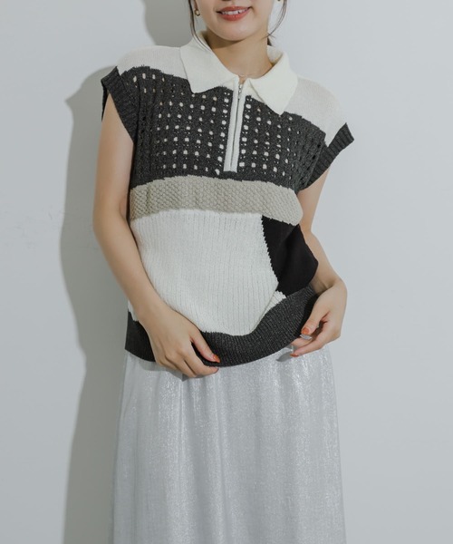 SENSE OF PLACE by URBAN RESEARCH(センスオブプレイスバイアーバンリサーチ)の「カラーブロックスキッパーニット(ベスト・レディース・ホワイト系その他/ブラック系その他/グレー系その他・ONE)」の1枚目の写真