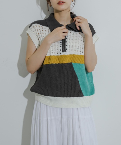 SENSE OF PLACE by URBAN RESEARCH(センスオブプレイスバイアーバンリサーチ)の「カラーブロックスキッパーニット(ベスト・レディース・ホワイト系その他/ブラック系その他/グレー系その他・ONE)」の3枚目の写真