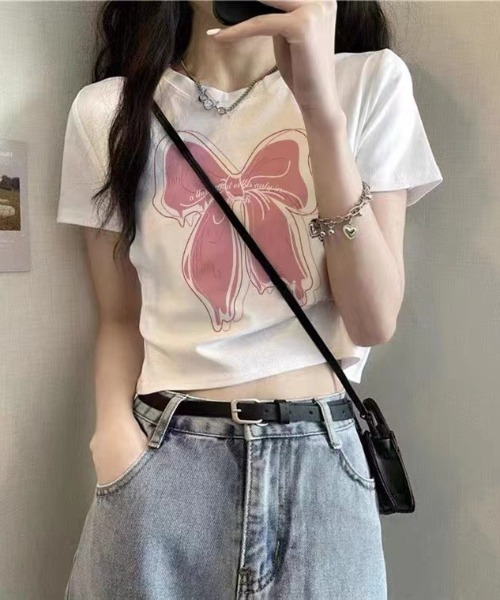 Jayro（ジャイロ）の「リボンプリントTシャツ（Tシャツ/カットソー・レディース・ホワイト/ブラック・FREE）」の2枚目の写真