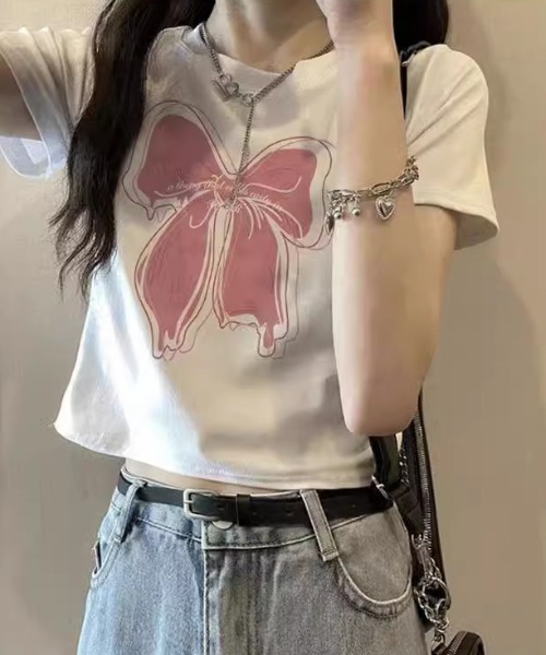 Jayro（ジャイロ）の「リボンプリントTシャツ（Tシャツ/カットソー・レディース・ホワイト/ブラック・FREE）」の3枚目の写真