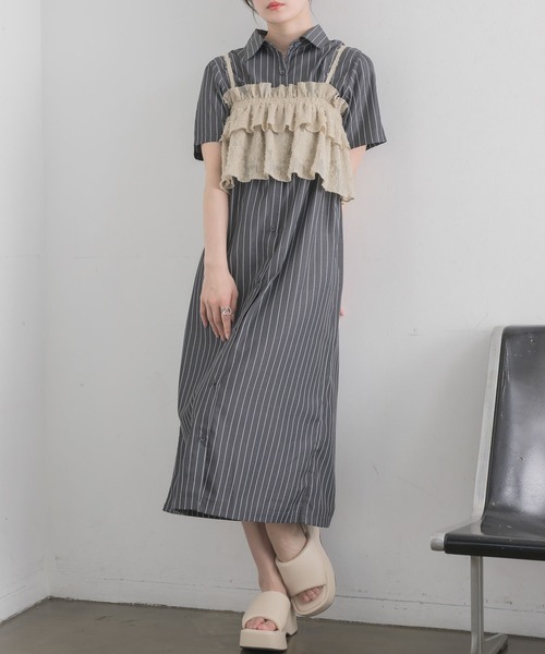 RETRO GIRL(レトロガール)の「フリルビスチェSETシャツOP(シャツワンピース・レディース・ナチュラル/ライトグレー/ブラウン・FREE)」の2枚目の写真