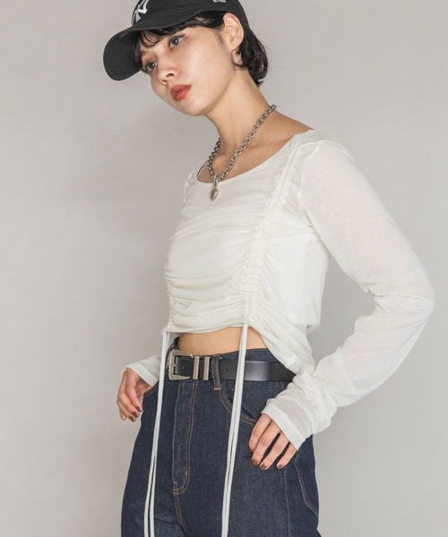 PAGEBOY(ページボーイ)の「ドロストシャーリングスリーブ(Tシャツ/カットソー・レディース・ブラック/ホワイト・FREE)」の1枚目の写真