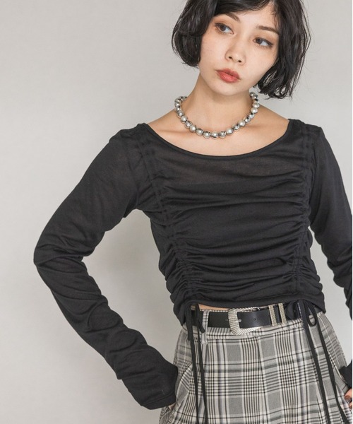 PAGEBOY(ページボーイ)の「ドロストシャーリングスリーブ(Tシャツ/カットソー・レディース・ブラック/ホワイト・FREE)」の2枚目の写真